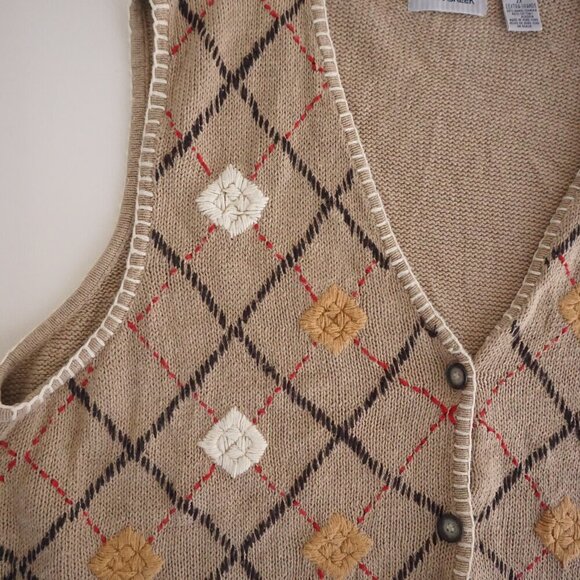 Vintage Cabin Creek Taupe Knit Cross Pattern Cotton Blend Button Sweater Vest 2X - Picture 8 of 10